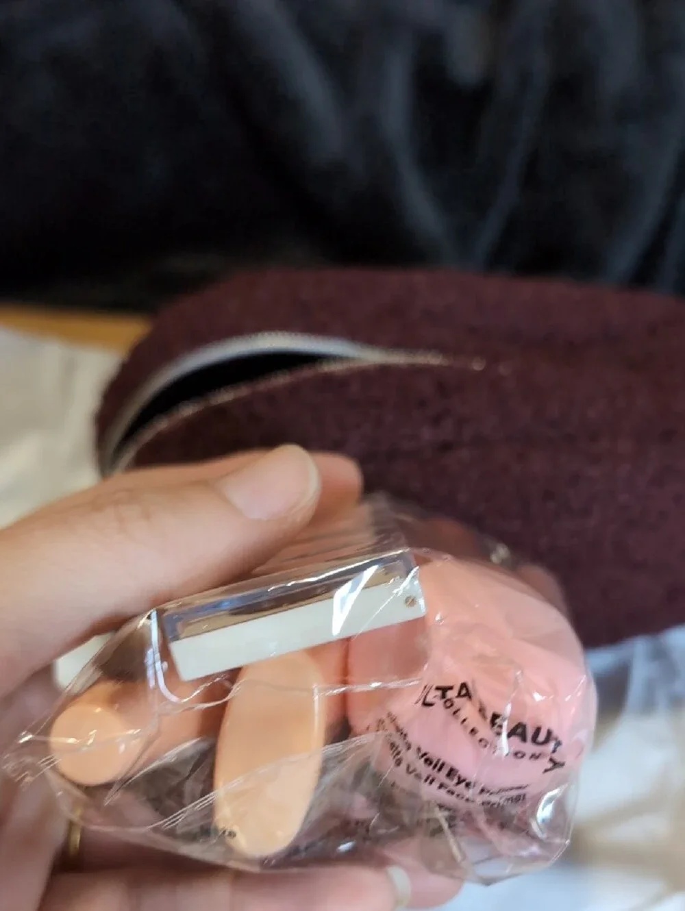 Ulta Beauty Plum Cosmetic Bag with Neutral Eyeshadow Palette & Pink Sponge